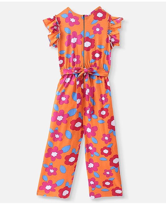 Pine Kids Cotton Knit Frill Sleeves Full Length Jumpsuit Floral Print - Orange