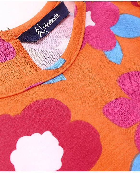 Pine Kids Cotton Knit Frill Sleeves Full Length Jumpsuit Floral Print - Orange