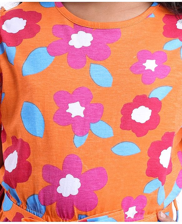 Pine Kids Cotton Knit Frill Sleeves Full Length Jumpsuit Floral Print - Orange