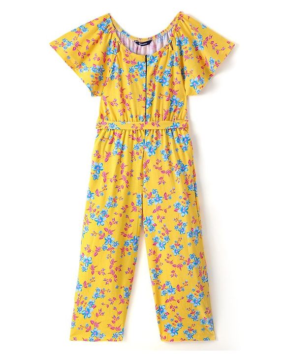 Pine Kids Cotton Knit Flutter Sleeves Jumpsuit Floral Print - Yellow