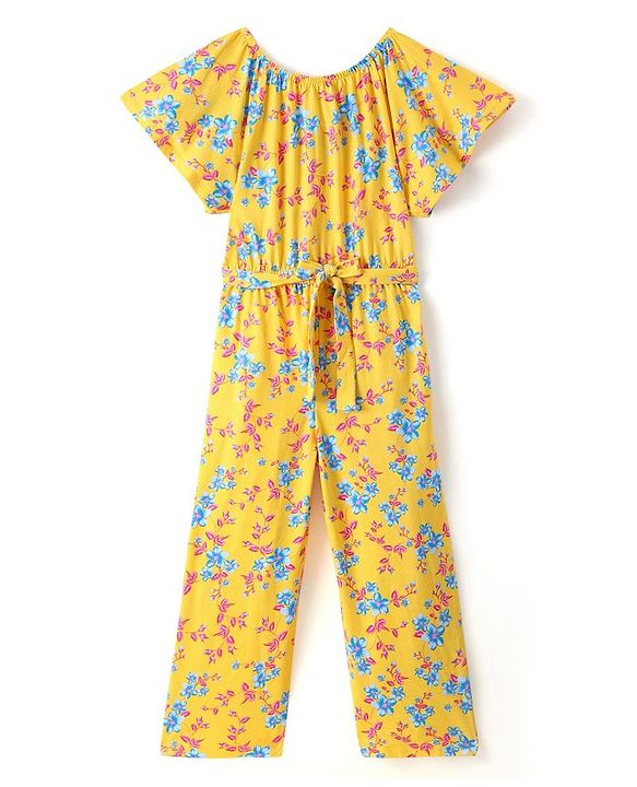 Pine Kids Cotton Knit Flutter Sleeves Jumpsuit Floral Print - Yellow