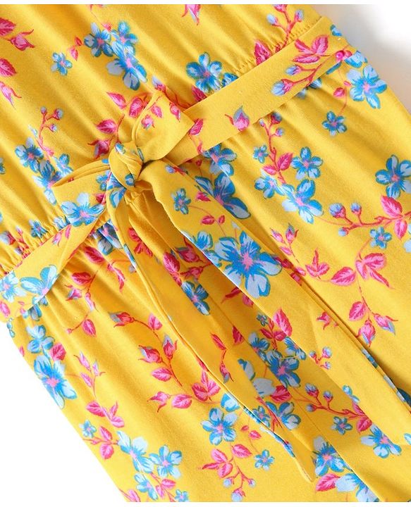 Pine Kids Cotton Knit Flutter Sleeves Jumpsuit Floral Print - Yellow