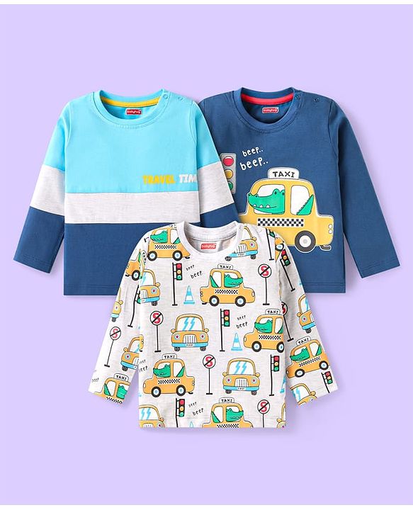 Babyhug Cotton Knit Full Sleeves Cut & Sew T-Shirts with Vehicle Print Pack of 3 - White & Navy Blue