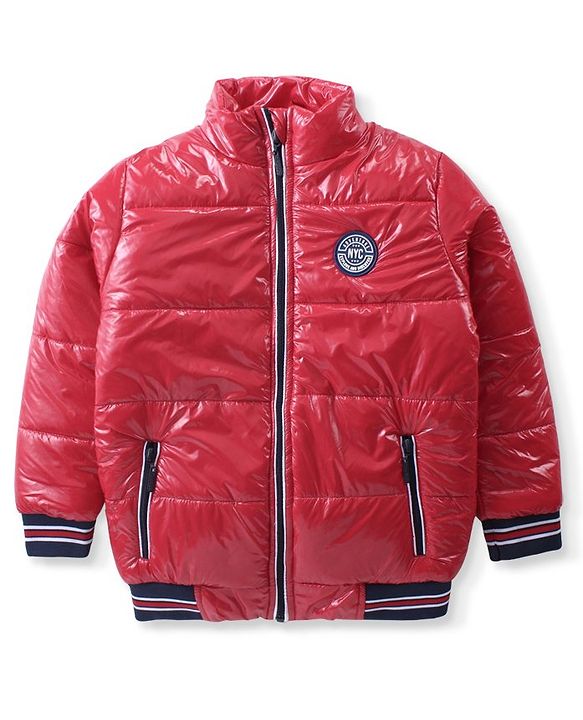 Pine Kids Full Sleeves Padded Bomber Jacket with Badge Applique - Red