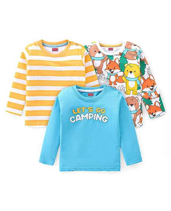 Babyhug Cotton Knit Full Sleeves T-Shirts with Striped Text & Bear Print  Pack of 3 - Blue Yellow & White
