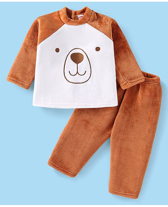 Babyhug Velour Knit Full Raglan Sleeves Winter Wear Night Suit with Teddy Embroidery -  Light Brown & Off White