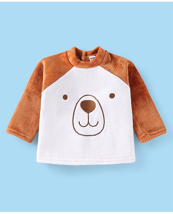 Babyhug Velour Knit Full Raglan Sleeves Winter Wear Night Suit with Teddy Embroidery -  Light Brown & Off White