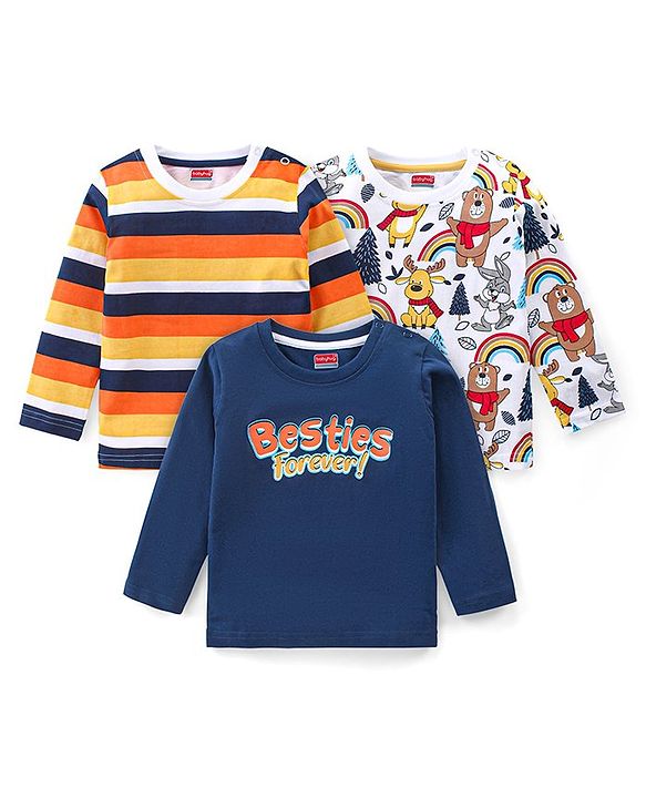 Babyhug Cotton Knit Full Sleeves T-Shirts With Stripes & Besties Forever Print Pack Of 3 - Multicolor