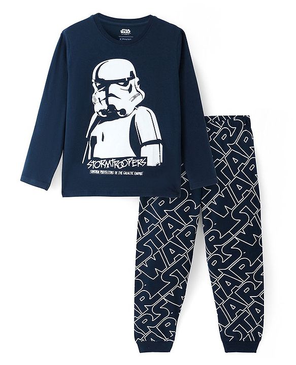 Pine Kids Lucas Single Jersey Full Sleeves Night Suit with Star War Print - Navy Blue