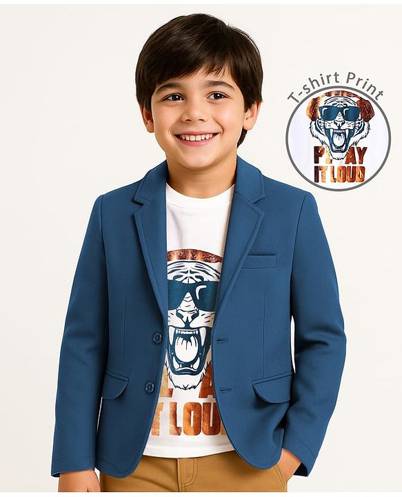 Pine Kids Knit Full Sleeves Blazer With Tiger Printed T-Shirt - Royal Blue & White