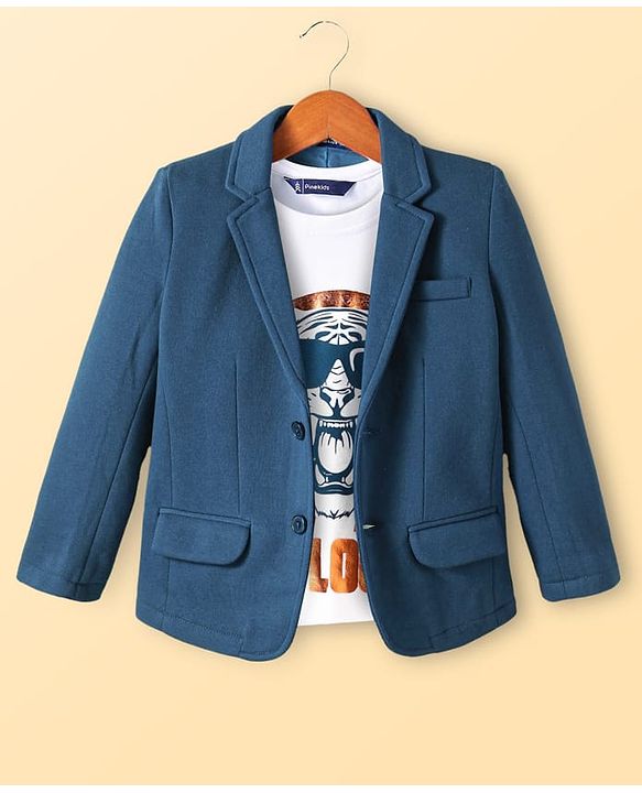 Pine Kids Knit Full Sleeves Blazer With Tiger Printed T-Shirt - Royal Blue & White