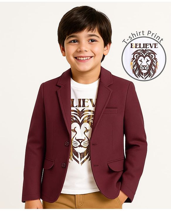 Pine Kids Knit Full Sleeves Solid Color Blazer with Half Sleeves Lion Printed T-Shirt - Maroon