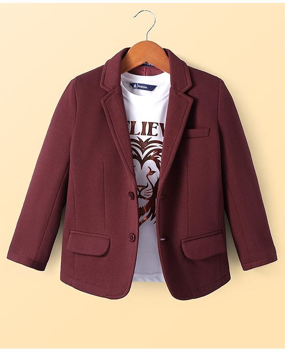 Pine Kids Knit Full Sleeves Solid Color Blazer with Half Sleeves Lion Printed T-Shirt - Maroon
