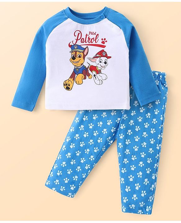 Babyhug Cotton Knit Raglan Sleeves Night Suit With Paw Patrol Graphics - Blue & White