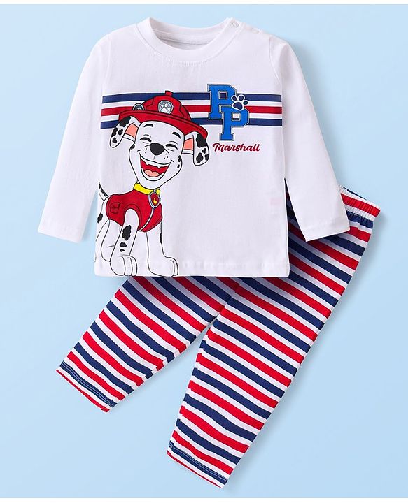 Babyhug Cotton Knit Full Sleeves Night Suit with Paw Patrol & Stripes Print - White