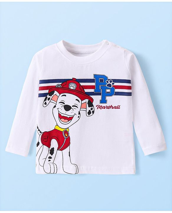 Babyhug Cotton Knit Full Sleeves Night Suit with Paw Patrol & Stripes Print - White