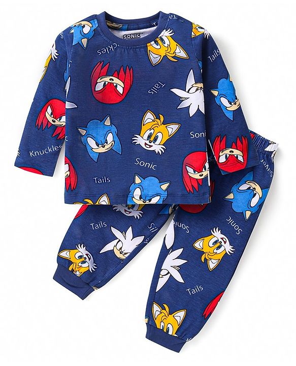 Babyhug Cotton Knit Full Sleeves Night Suit with  Sonic Print - Navy Blue