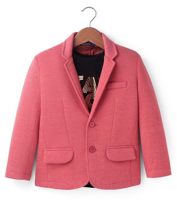 Pine Kids Knit Full Sleeves Solid Colour Blazer & Foil Text Printed T-Shirt- Dark Pink & Black