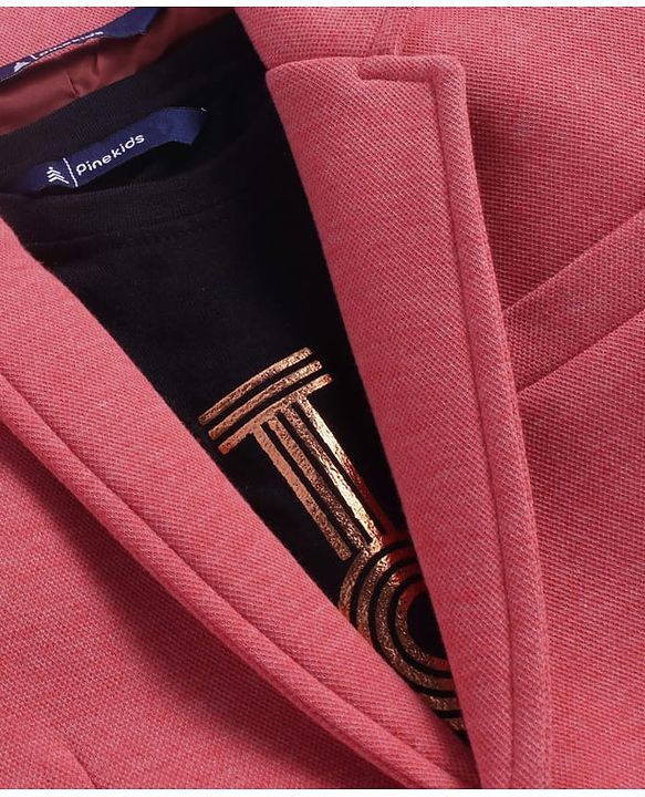 Pine Kids Knit Full Sleeves Solid Colour Blazer & Foil Text Printed T-Shirt- Dark Pink & Black