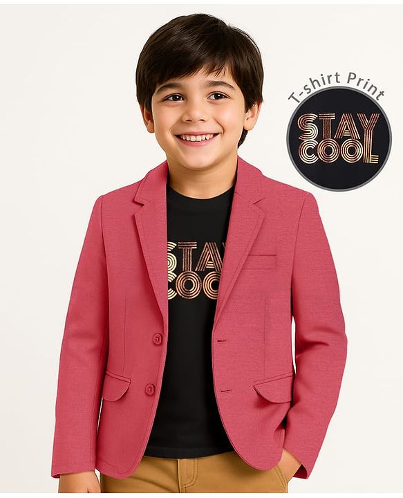 Pine Kids Knit Full Sleeves Solid Colour Blazer & Foil Text Printed T-Shirt- Dark Pink & Black