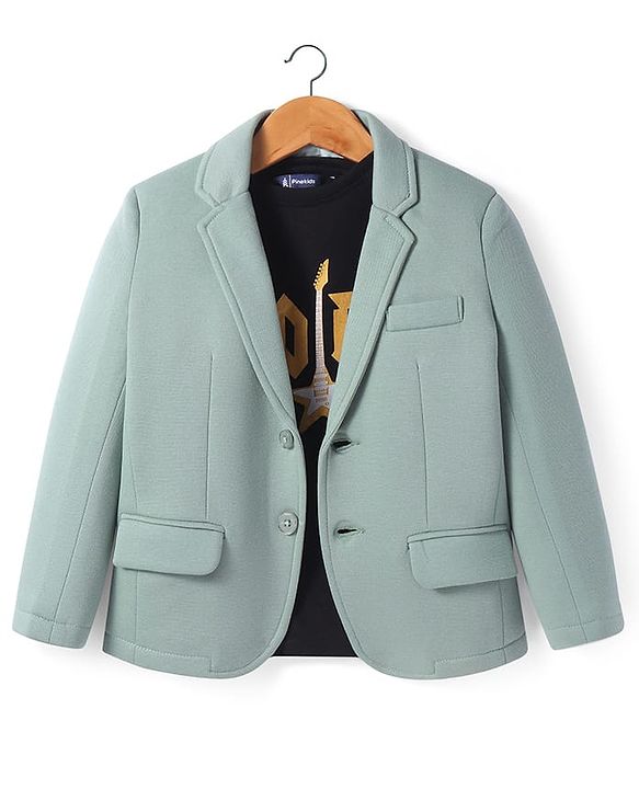 Pine Kids Knit Full Sleeves Solid Colour Blazer & Printed T-Shirt - Sea Green