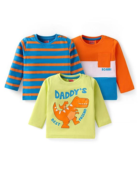 Babyhug Cotton Knit Full Sleeves T-Shirt with Stripes & Dino Print Pack of 3 - Multicolor