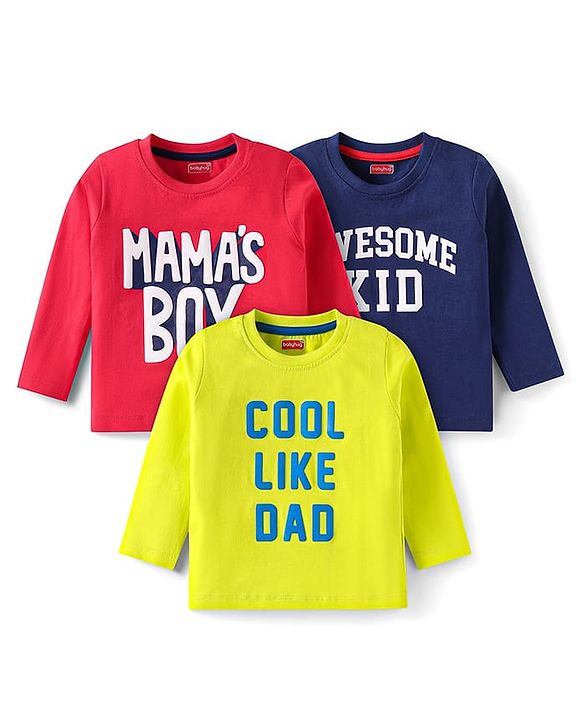 Babyhug Cotton Knit Full Sleeves T-Shirts with Text Print Pack of 3 - Red Blue & Yellow