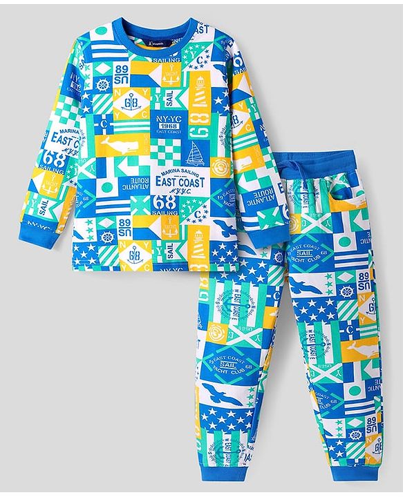 Pine Kids Cotton Knit Full Sleeves Sweatshirt & Joggers Set with Text Print - Blue