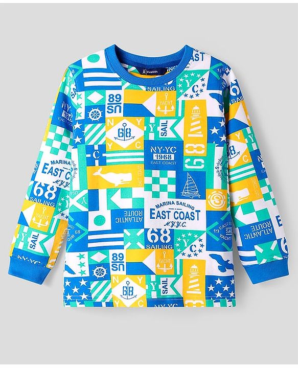 Pine Kids Cotton Knit Full Sleeves Sweatshirt & Joggers Set with Text Print - Blue