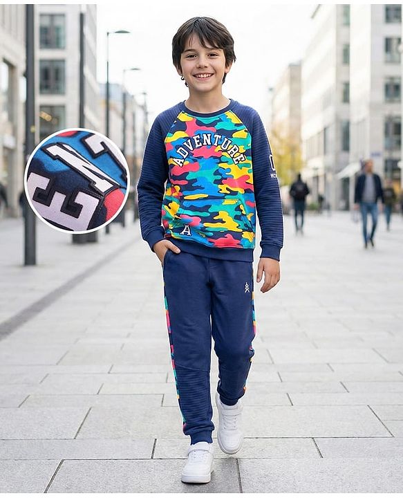 Pine Kids Cotton Knit Full Raglan Sleeves Text Printed T-Shirt & Jogger Set - Navy Blue