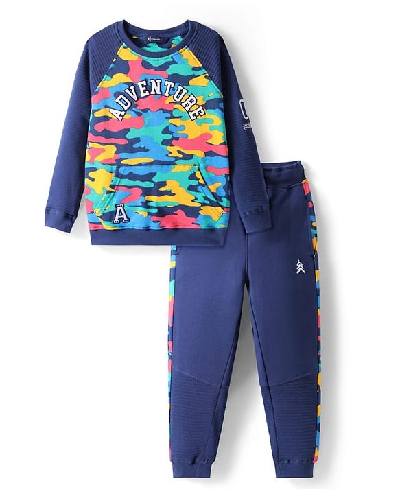Pine Kids Cotton Knit Full Raglan Sleeves Text Printed T-Shirt & Jogger Set - Navy Blue