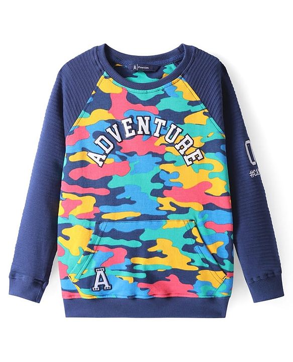 Pine Kids Cotton Knit Full Raglan Sleeves Text Printed T-Shirt & Jogger Set - Navy Blue
