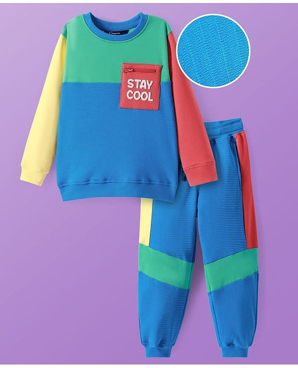 Pine Kids Cotton Knit Full Sleeves Cut & Sew Sweatshirt & Joggers Set with Text Print - Blue & Green