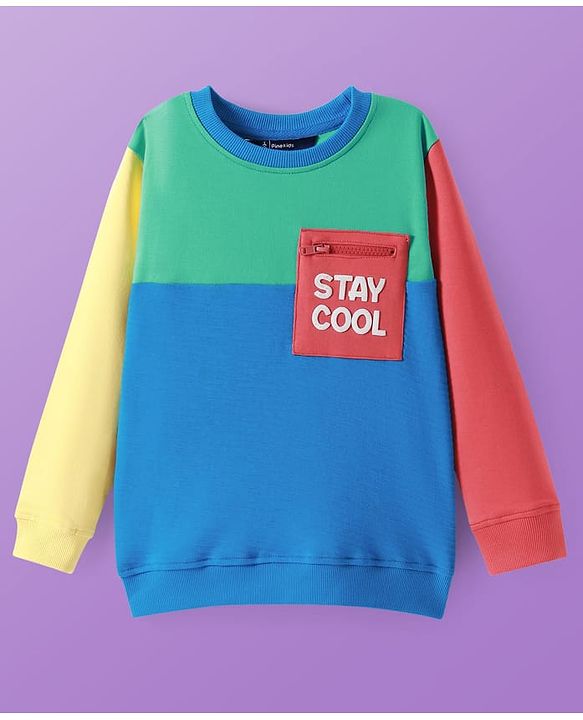 Pine Kids Cotton Knit Full Sleeves Cut & Sew Sweatshirt & Joggers Set with Text Print - Blue & Green