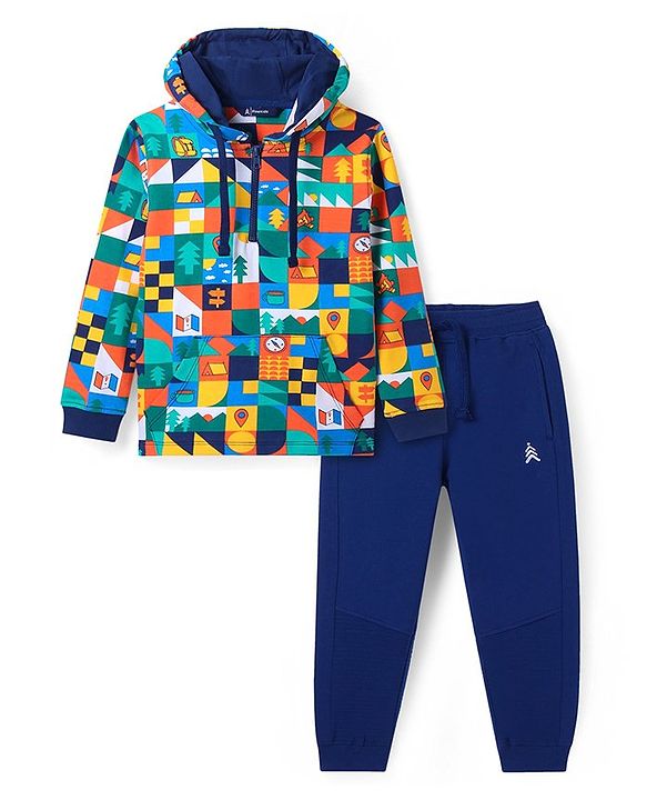 Pine Kids Cotton Knit Full Sleeves Hooded Sweatshirt & Joggers Set with Abstract Print & Kangaroo Pockets -  Navy Blue