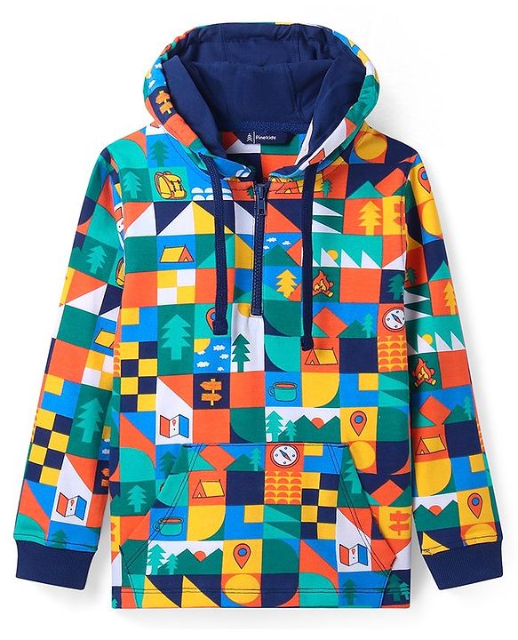 Pine Kids Cotton Knit Full Sleeves Hooded Sweatshirt & Joggers Set with Abstract Print & Kangaroo Pockets -  Navy Blue