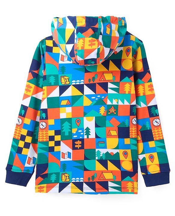 Pine Kids Cotton Knit Full Sleeves Hooded Sweatshirt & Joggers Set with Abstract Print & Kangaroo Pockets -  Navy Blue