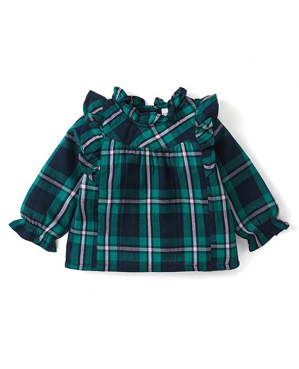 Babyhug Fancy Checks  Full Sleeves  Top with Frill Detailing - Green