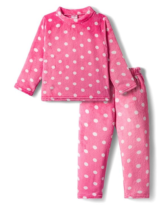 Babyhug Velour Knit Full Sleeves Winter Night Suit With Polka Dots  Print - Dark Pink