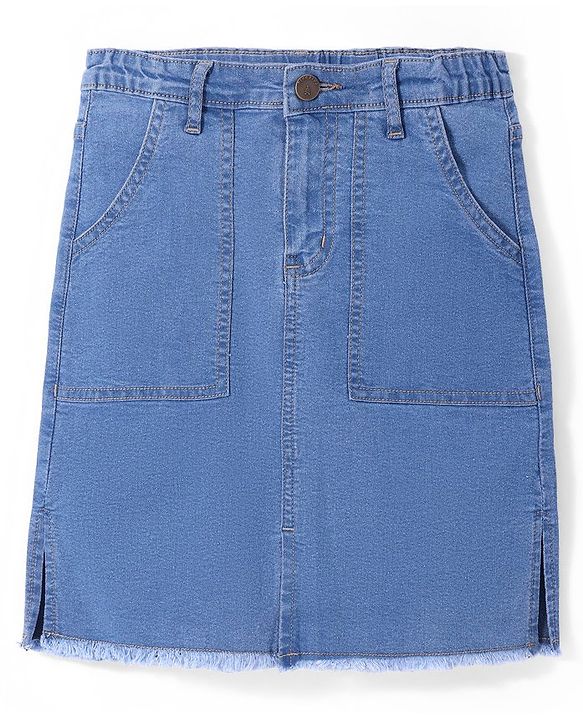 Pine Kids Cotton Woven Knee Length Denim Washed Skirt Solid Colour - Navy Blue