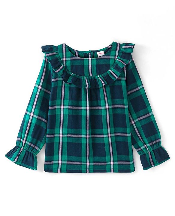Babyhug Rayon Woven  Full Sleeves Checkered  Top With Frill Detailing - Green