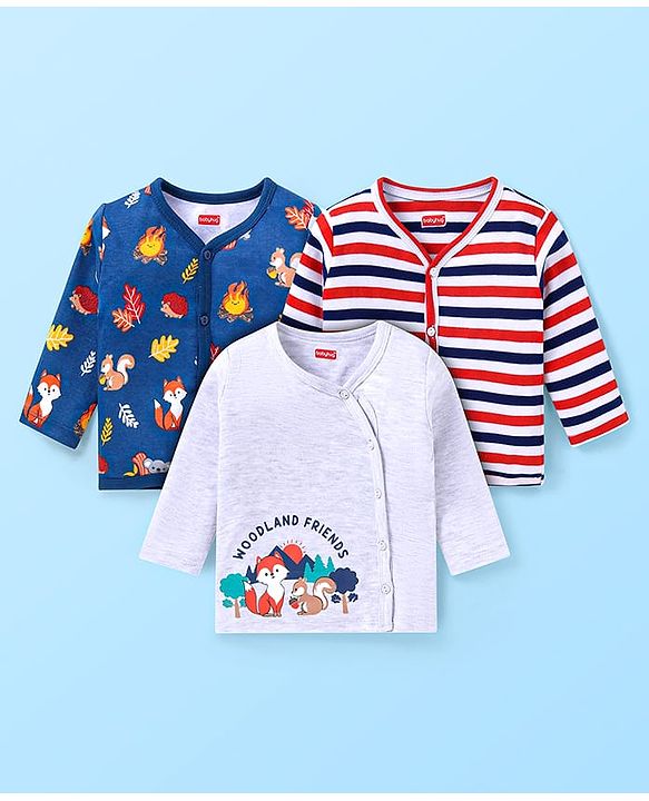 Babyhug 100% Cotton Knit Antibacterial Full Sleeves Front Open Vests with Striped Hedgehog & Fox Printed Pack of 3 - Navy Blue Grey & Red