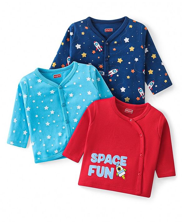 Babyhug 100% Cotton Knit Half Sleeves Sando Vests With Construction Vehicles Print Pack of 3 - Red Yellow & Navy Blue