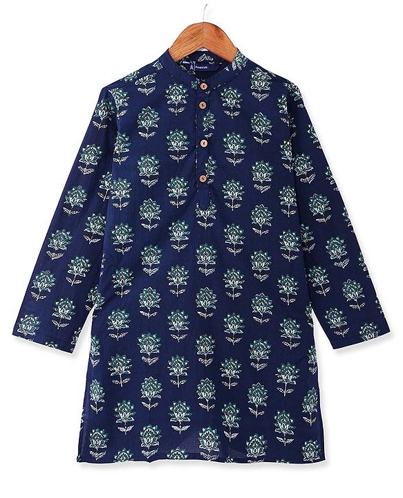 Pine Kids Cotton Woven Full Sleeves Kurta with Floral Print - Navy Blue