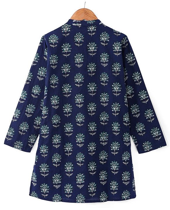 Pine Kids Cotton Woven Full Sleeves Kurta with Floral Print - Navy Blue