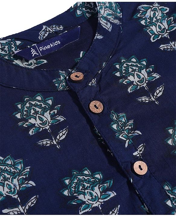 Pine Kids Cotton Woven Full Sleeves Kurta with Floral Print - Navy Blue