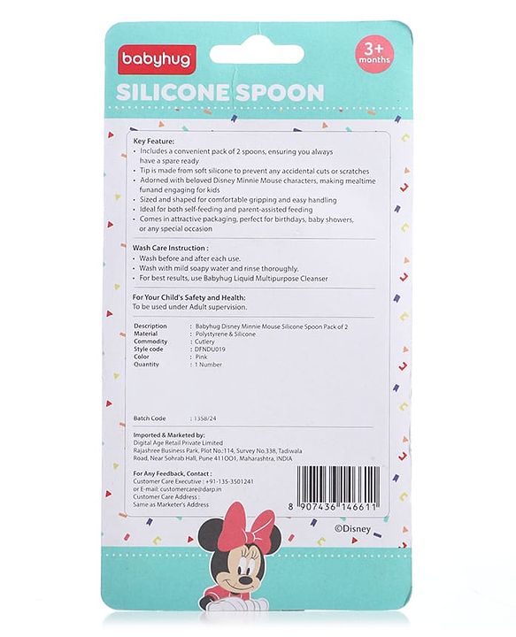 Babyhug Disney Mickey Mouse Silicone Spoons Pack of 2 - Pink
