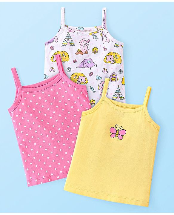 Babyhug 100% Cotton Knit Singlet Sleeves Antibacterial Slips With Polka Dots & Butterfly Print Pack of 3 - White Pink & Yellow