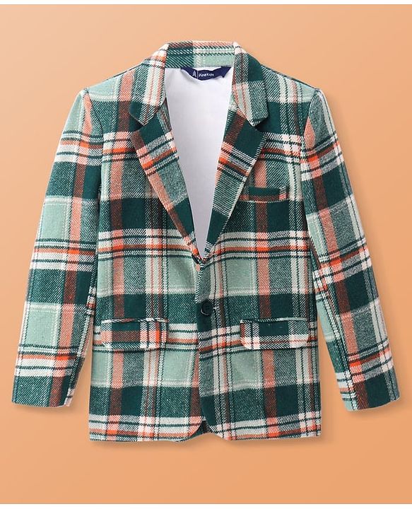 Pine Kids Knit Full Sleeves Checkered Blazer - Green & White