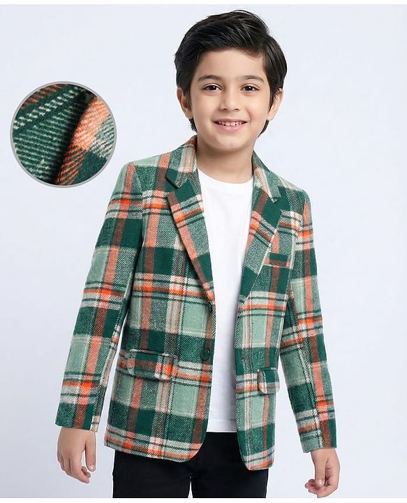 Pine Kids Knit Full Sleeves Checkered Blazer - Green & White